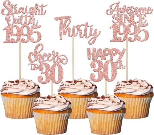 Miniatura 25 de Paquete de 30 adornos para cupcakes de 10º cumpleaños con purpurina recta hacia fuera de 2016, Happy 10th Ten Awesome Since 2016, 10 fabulosas