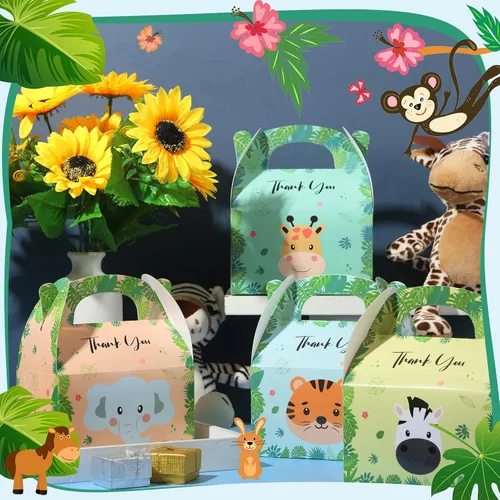 Miniatura 3 de Marspark 24 piezas de caja de regalo de fiesta de animales, bolsas de zoológico, caja de regalo para niños, baby shower, temática de selva