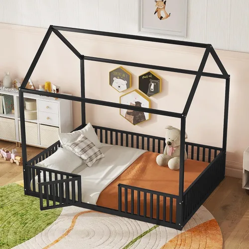 Miniatura 12 de Bellemave Cama de Piso Montessori Tamaño Twin, Marco de Cama Casa de Metal para Niños, Camas de Piso Montessori con Cerca, Blanco