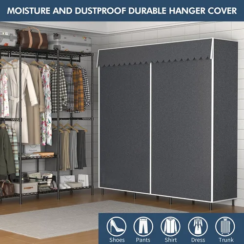 Miniatura 4 de Armario portátil resistente de 68 pulgadas con tapa, gran perchero de almacenamiento para colgar ropa, armario de metal, estantes de ropa