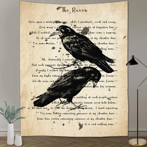 Miniatura 16 de FEASRT Tapiz gótico de calavera y cuervo, tapiz de pared The Raven Edgar Allan Poe, póster rústico de 51 x 60 pulgadas para sala de estar