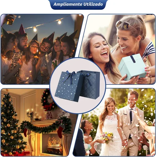 Miniatura 7 de KomoLeay Paquete de 4 bolsas de regalo de tamaño mediano de 9 pulgadas, bolsas de regalo azules de alta calidad con papel de seda para cumpleaños