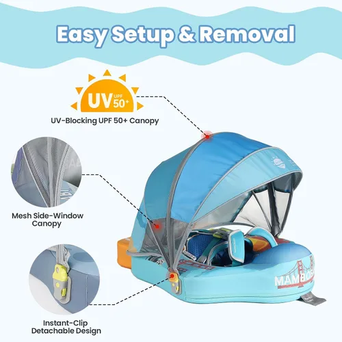 Miniatura 3 de Mambobaby Flotador de piscina para bebés sin deslizamiento con toldo y cola flotador de natación no inflable para bebés, espuma perla, UPF 50+