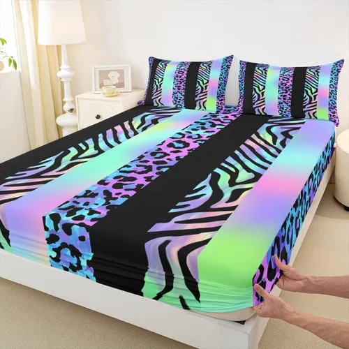 Miniatura 15 de Sábana bajera ajustable para niños, tamaño individual, diseño de cebra y leopardo con purpurina, decoración de habitación para niñas y mujeres, A1