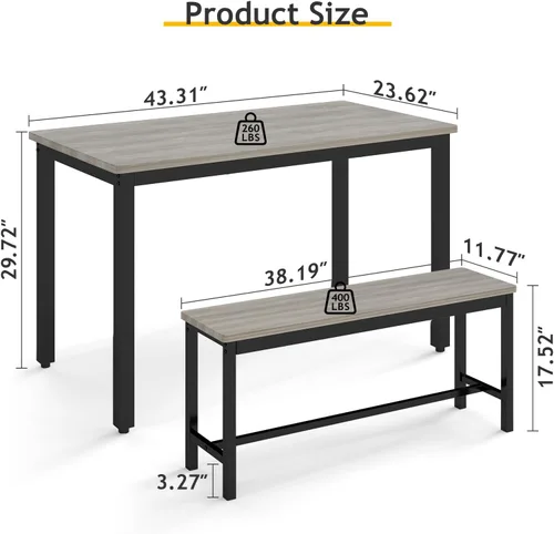 Miniatura 7 de Rovibek Juego de mesa de comedor para 4, mesa de cocina moderna que ahorra espacio con 2 bancos tapizados y pies ajustables, mesa de desayuno