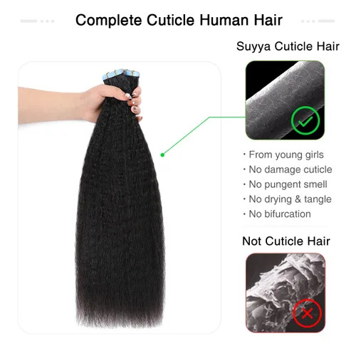 Miniatura 5 de SUYYA Extensiones de Cabello Humano Rizado Liso con Cinta, Color Negro Natural, Extensiones de Cabello con Cinta, Cabello Humano Rizado Liso, 12