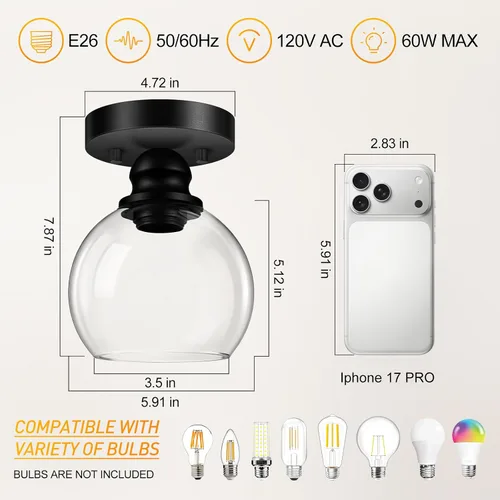 Miniatura 4 de Glass Semi Flush Mount Ceiling Light, Industrial Porch Light Fixtures, Matte Black Base with 6“ Clear Glass Shade, Bright Close to Ceiling Light for