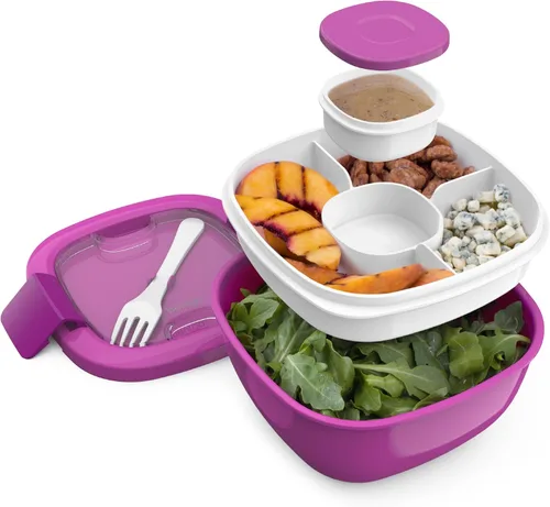 Miniatura 11 de Bentgo Recipiente para ensalada – Tazón de 54 onzas con bandeja de 4 compartimentos para aderezos, recipiente a prueba de fugas, tenedor Caqui Verde