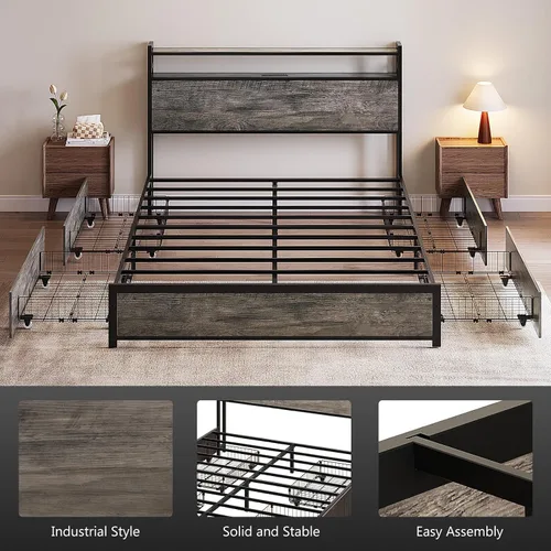 Miniatura 7 de VINGLI Base de cama LED Queen con 4 cajones de almacenamiento y estante de cabecera ajustable, plataforma de metal con estación de carga para niños