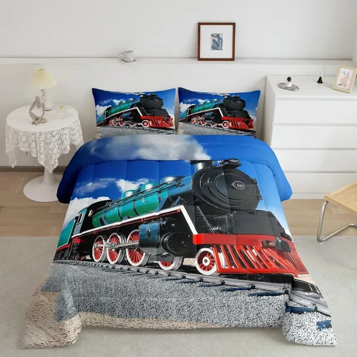 Miniatura 2 de Erosebridal Juego de edredón de tren tamaño individual, juego de ropa de cama de motor de vapor 3D para niños, juegos de edredón de vehículos