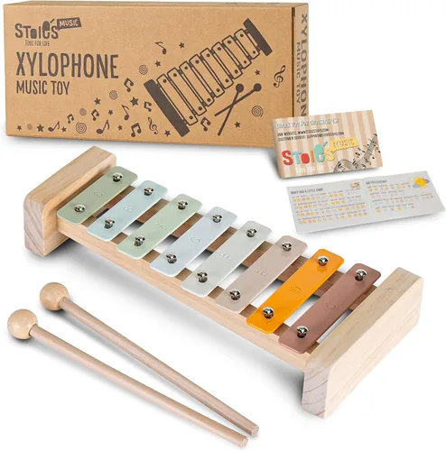 Miniatura 10 de Stoie's Xilófono de madera para niños y bebés, diseño curvo, 8 notas de color arcoíris, xilófono afinado en clave de Do con baquetas, libro