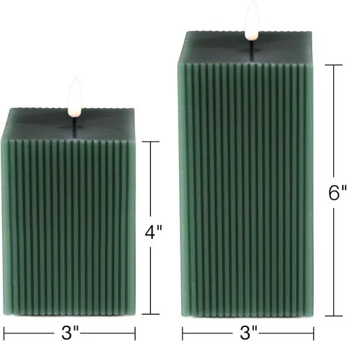 Miniatura 2 de Velas sin Llama Acanaladas Verde Oscuro con Control Remoto, Velas LED Cuadradas a Batería Juego de 2 Φ 3" H 4" 6