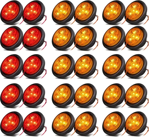 NEW SUN® Paquete Ultimate de 30 Luces LED Marcadoras para Remolque de 2.5", 10 Piezas Rojas 20 Piezas Ámbar, Diseño Reflectante Redondo Impermeable,