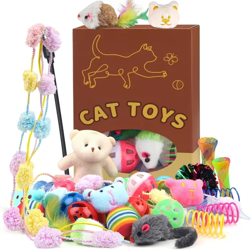 QUOZUO Juego de 30 Piezas de Juguetes para Gatos, Juego de Juguetes para Gatitos, Juguete Interactivo para Gatos con Varilla, Muelles y Bola con