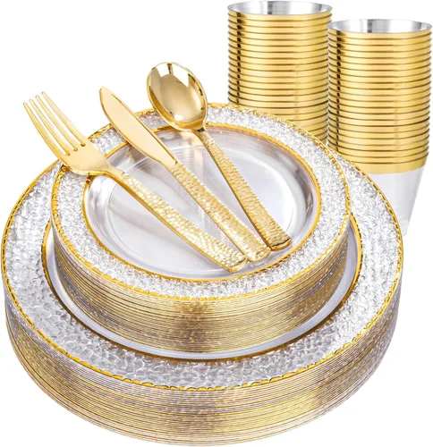 Nervure 150 piezas de platos de plástico transparente con cubiertos martillados dorados que incluyen 25 platos de cena, 25 platos de postre, 25