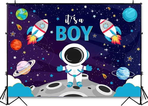 Miniatura 4 de Avezano Telón de fondo para baby shower con texto en inglés "It's A Boy", astronauta azul, decoración de fiesta de baby shower, temática