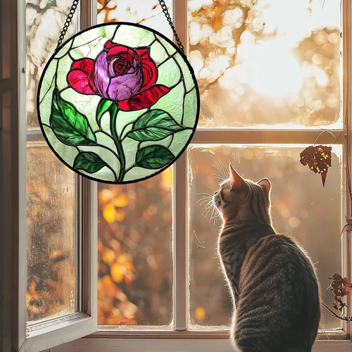 Miniatura 4 de Juego de 4 piezas para colgar vidrieras, rosas rojas, girasoles amarillos, 6.3 pulgadas, atrapasoles de flores, puerta de jardín, decoración