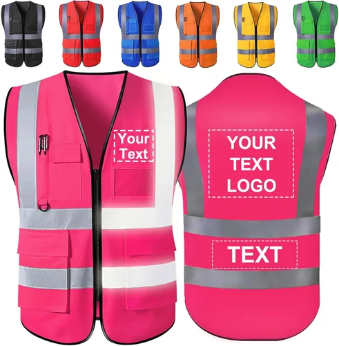 Miniatura 7 de Chaleco de seguridad personalizado con logotipo, texto, nombre, alta visibilidad, bolsillos y cremallera, a granel para mujeres y hombres Rojo