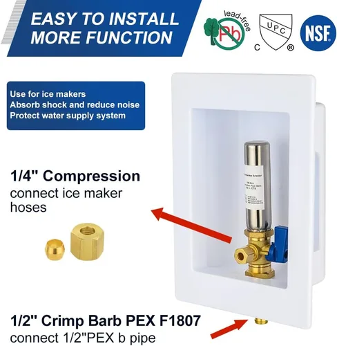 Miniatura 2 de EFIELD Caja de máquina de hielo premium, entrada Pex de 1/2 pulgada, válvula de bola de 1/4 de giro instalada con pararrayos de martillo de agua