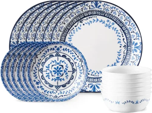 Corelle Vitrelle - Juego de vajilla de 18 piezas para 6 personas, vidrio de triple capa y resistente a las astillas, juego de platos y cuencos