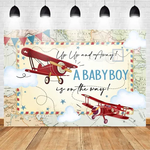 Miniatura 2 de Mocsicka Telón de fondo rojo de avión para baby shower, mapa de aventura de avión vintage, un bebé niño está en camino, fondo de fiesta de baby