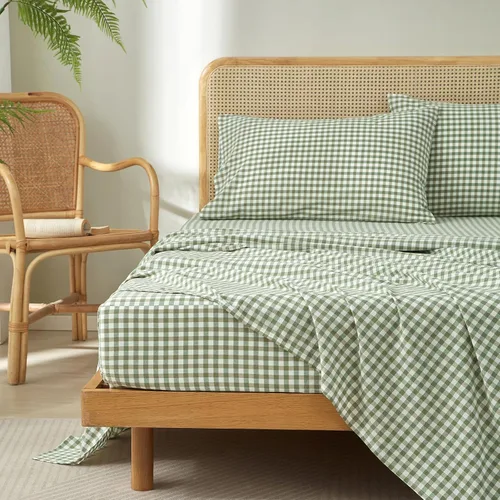 Miniatura 11 de LifeTB Tan Gingham - Juego de sábanas tamaño matrimonial, transpirables, suaves, color beige, gris topo, sábanas a cuadros 100% algodón lavado