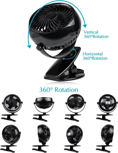 Miniatura 9 de Gazeled Ventilador de clip a batería, rotación de 360°, con 8 pilas AA gratis, ventilador silencioso USB o a batería, ventilador de clip portátil