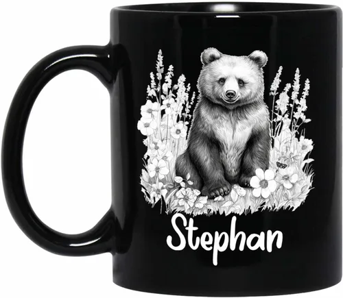 Taza de café negra con diseño de oso de lápiz personalizada, regalo para los amantes de los osos, mamá y papá, taza de café de oso con dibujos