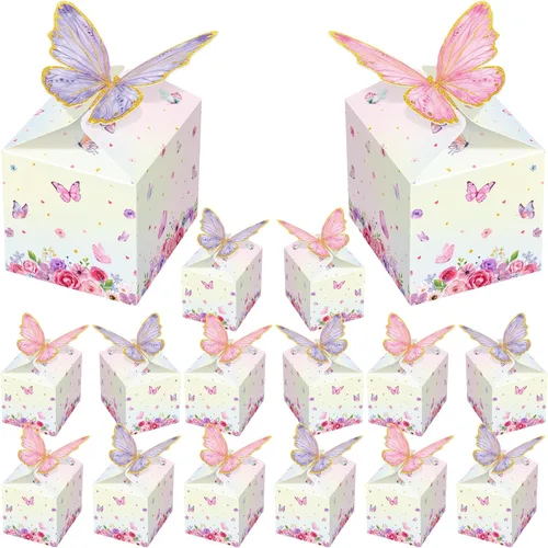 Qilery 24 cajas de regalo de fiesta de mariposa, color rosa y morado, caja de dulces a dos aguas, cajas de regalo, decoraciones de mariposa de papel