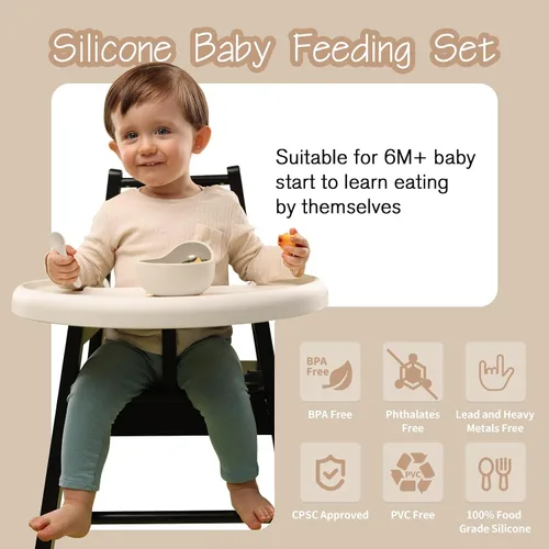 Miniatura 3 de Suministros de destete para bebés, juego de alimentación de silicona sin BPA de 8 piezas, tazón de succión de silicona, tenedores y cucharas, babero