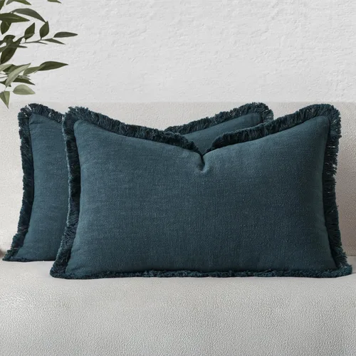 Miniatura 36 de MIULEE Juego de 2 fundas de almohada decorativas de lino neutro con flecos, fundas de cojín de estilo bohemio con borlas para sofá, cama, sala