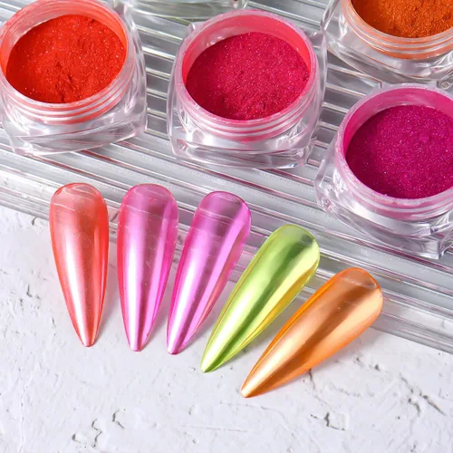Miniatura 7 de Polvo de pigmento de uñas de neón, 5 colores de efecto espejo metálico, polvo cromado para uñas, diseño de uñas iridiscentes degradadas, kit