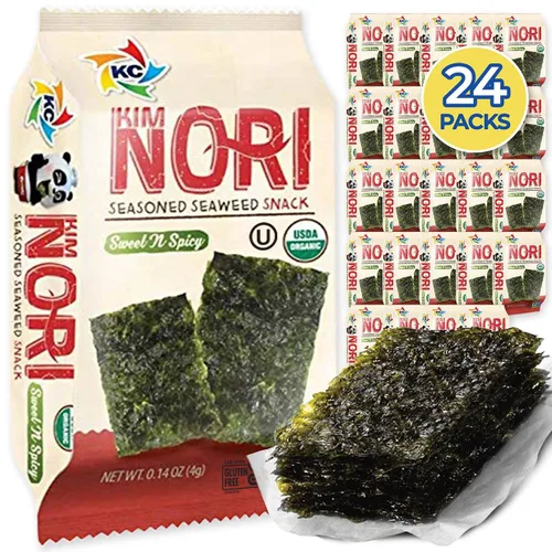 Miniatura 8 de KIMNORI Hojas de bocadillos de algas marinas sazonadas – Sabor dulce y picante con sal marina orgánica 24 paquetes individuales tostados crujientes