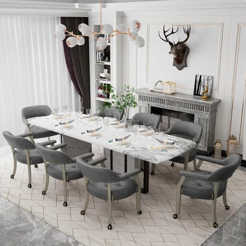 Miniatura 2 de SY1318GY - Sillas de madera maciza, sillas de comedor con ruedas y brazos, sillas de escritorio de oficina, sillas giratorias clásicas con tapizado