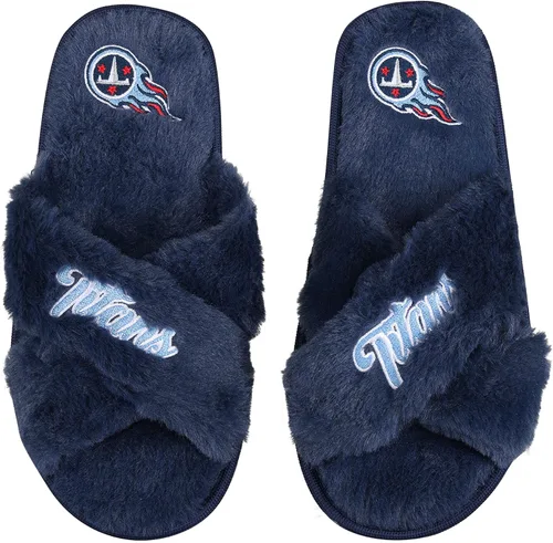 Miniatura 29 de FOCO Pantuflas deslizantes cruzadas mullidas con logotipo de texto del equipo NFL para mujeres