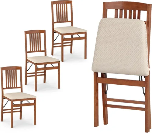 Miniatura 10 de GOFLAME Juego de 2 sillas de comedor plegables tapizadas de piel sintética con asiento acolchado y patas de madera de goma, sillas plegables sin