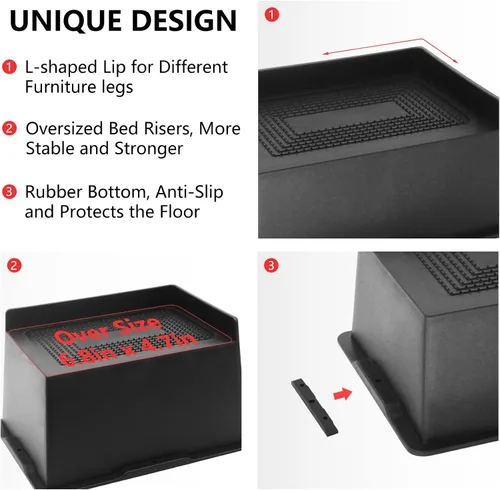 Miniatura 5 de Paquete de 4 elevadores de cama de 3 pulgadas, elevadores de muebles extra grandes de alta resistencia, elevadores de cama extra anchos para sofá
