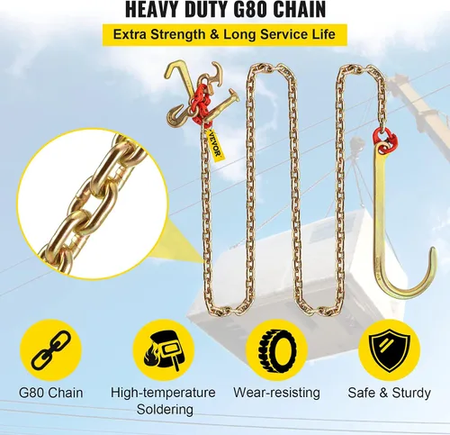 Miniatura 5 de VEVOR Cadena de gancho en J, cadena de remolque de brida de 5/16 pulgadas x 10 pies, cadena de transporte de brida G80 con 2 ganchos G70 J, ganchos