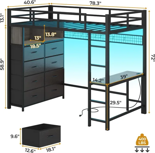 Miniatura 2 de ADORNEVE Cama tipo loft de tamaño individual con escritorio y 8 cajones de almacenamiento, cama alta de metal individual con luces LED y estación