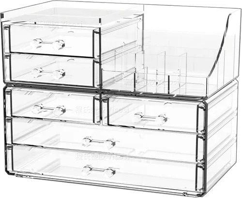 Cq acrylic Organizadores de maquillaje para tocador con 6 cajones, paquete de 2 organizadores de cajones transparentes, bonitos accesorios de