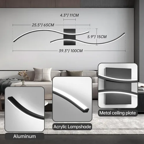 Miniatura 6 de CANEOE Moderna lámpara LED de pared, 39 pulgadas, aplique de pared LED negro para interiores, accesorios de tocador de baño sobre espejo para sala