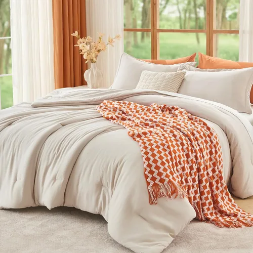 Miniatura 22 de MUXHOMO Juego de edredón beige tamaño individual/individual XL, ropa de cama alternativa ultrasuave para todas las estaciones. El juego de cama