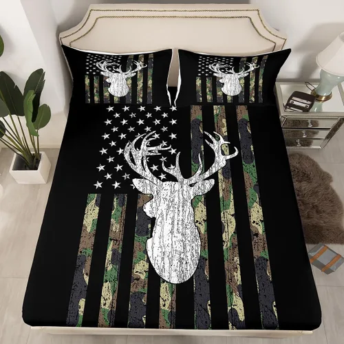 Miniatura 2 de Juego de ropa de cama con estampado de bandera americana y ciervo para cazadores, sábanas camufladas militares para niños, adolescentes y hombres