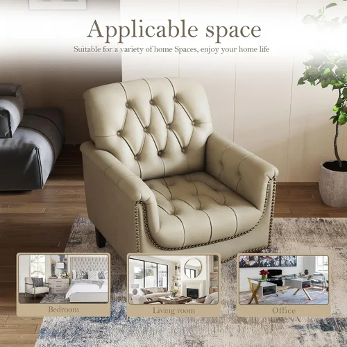 Miniatura 5 de Pia Ricco Silla decorativa moderna copetuda, sillón individual de piel sintética con ribete de cabeza de clavo y patas de madera, cómodo asiento