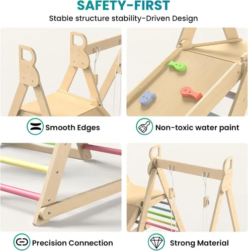 Miniatura 4 de BlueWood Gimnasio de la selva interior 4 en 1, juego de escalada plegable de madera con columpio, tobogán, escalera y pared de escalada, juego