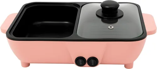 Olla caliente con parrilla, olla caliente eléctrica antiadherente 2 en 1 para interiores y exteriores, control de temperatura independiente, Rosado