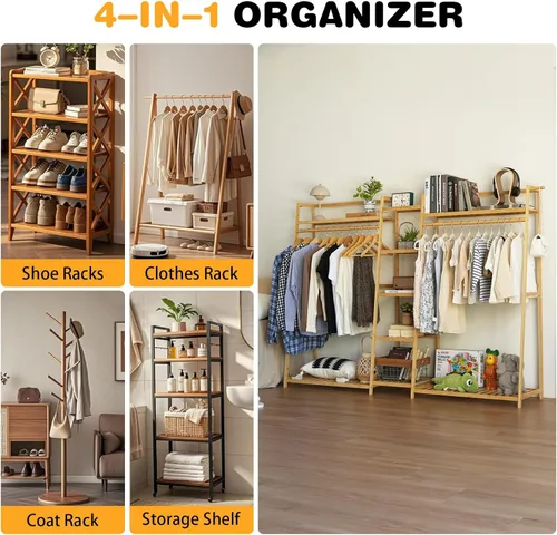 Miniatura 5 de Baveke Estante de bambú para ropa de 9 niveles, estante para colgar ropa, organizador de armario portátil con estante superior, estantes de Natural