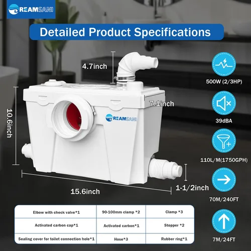 Miniatura 3 de Bomba maceradora de 500 W para macerar la bomba de alcantarillado del inodoro con 4 entradas de agua aguas residuales domésticas baño fregadero