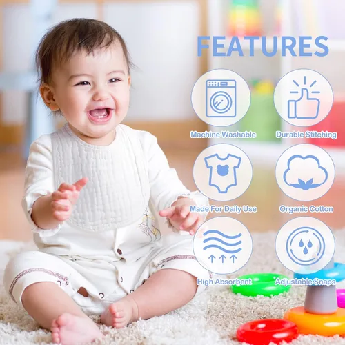 Miniatura 5 de Zhanmai Paquete de 20 baberos de muselina ajustables para bebé, color blanco, 6 capas absorbentes para recién nacidos, niñas, niños, alimentación