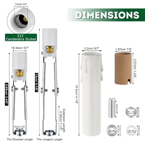 Miniatura 4 de Candelabro E12 - Enchufe de luz de cerámica ajustable de longitud para iluminación de candelabro, portalámparas de candelabro con fundas blancas